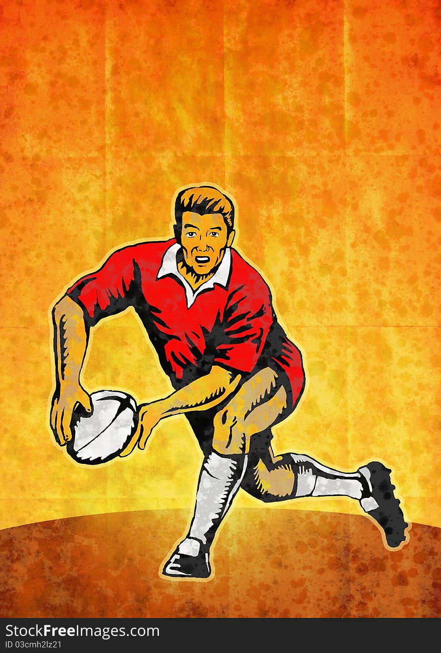 Poster illustration of a rugby player running passing with ball with grunge texture background. Poster illustration of a rugby player running passing with ball with grunge texture background