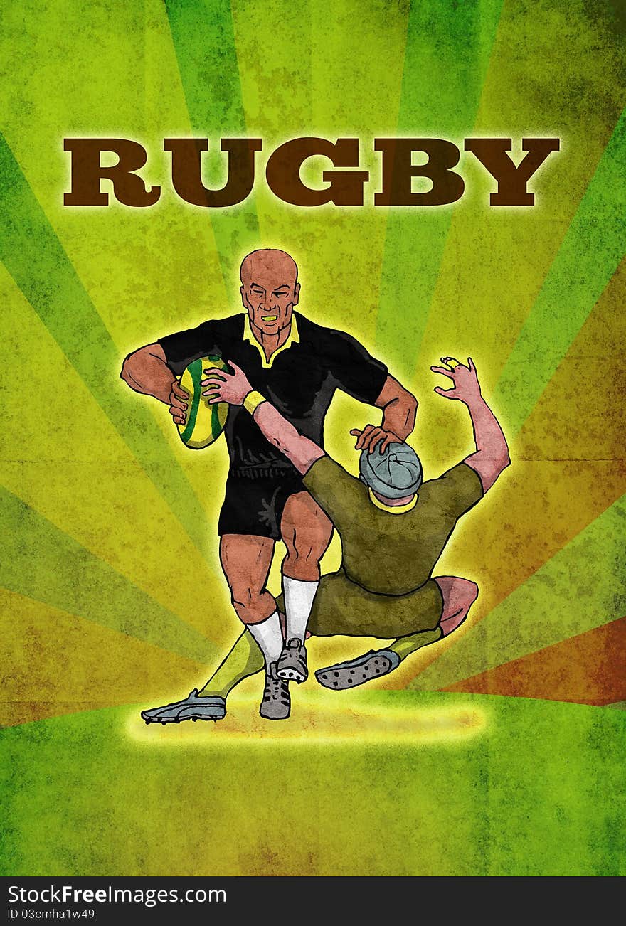 Poster illustration of a rugby player running attacking with ball with grunge texture background with words rugby