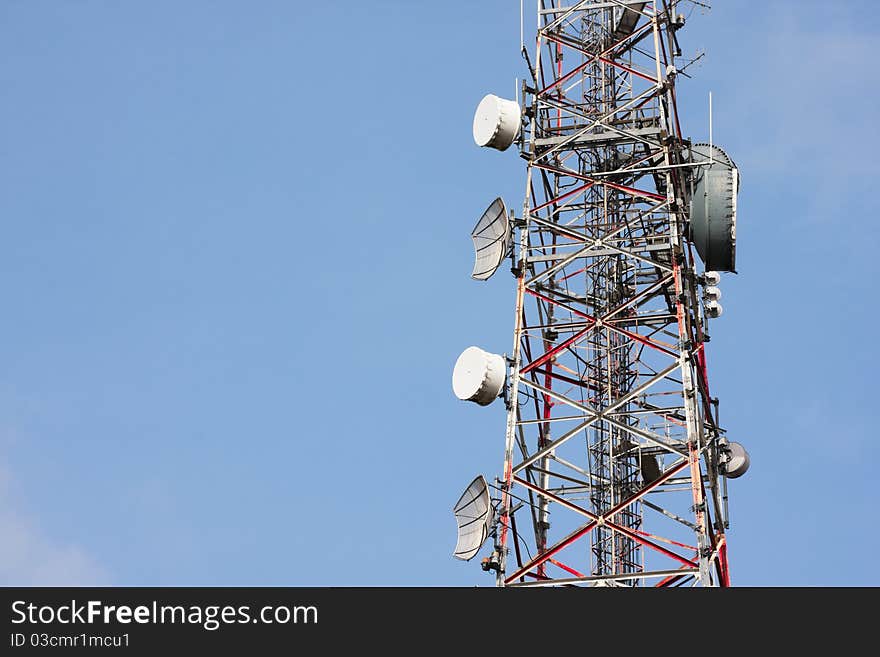 Broadcaster or transmitter tower and telecommunication satelites. Broadcaster or transmitter tower and telecommunication satelites