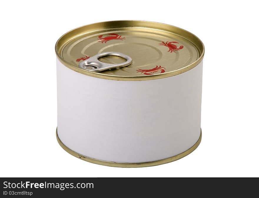 Food tin can with empty white label on a white background