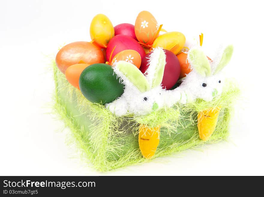 Easter eggs in a basket with Bunnies