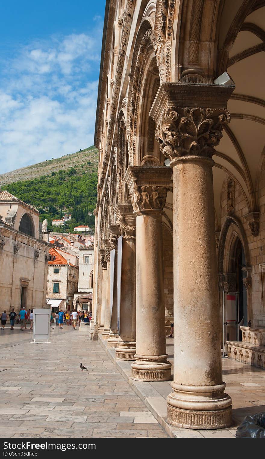 Colonnade of an ancient building in the city of Dubrovnik, Croatia.