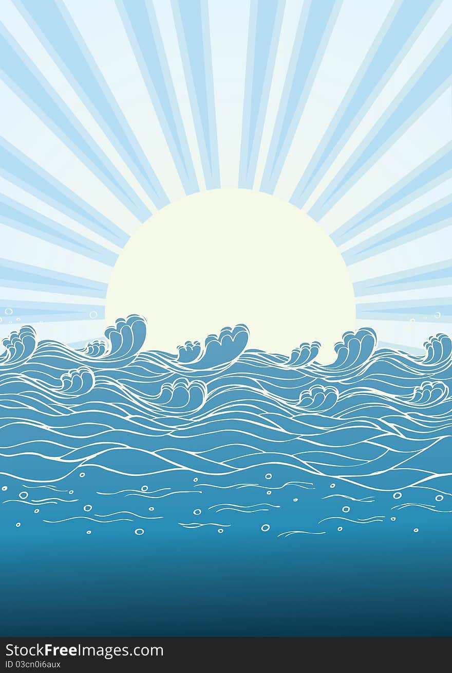 Sea waves in sun day. Vector illustration of nature landscape