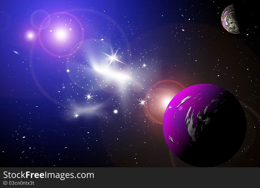 Planet in space in the star sky of flash, light