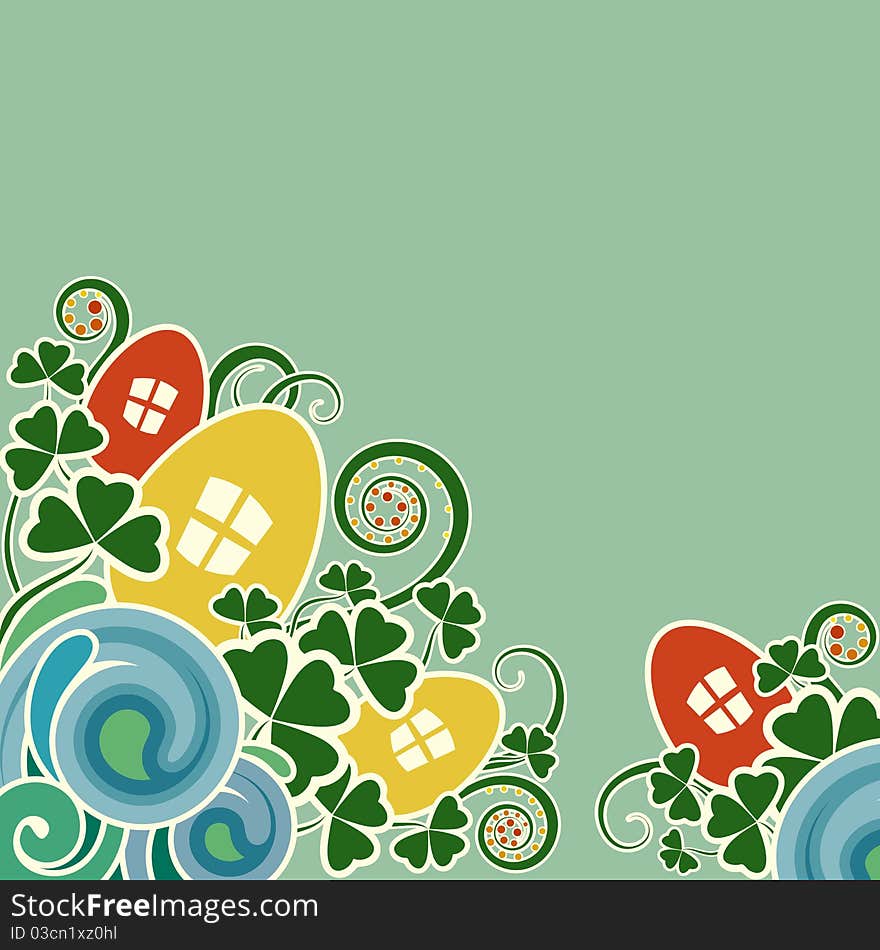 Easter background with a stylized illustration of the sea, eggs, clover leaves and grass