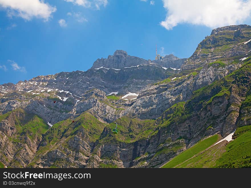 Cable car in swiss alps (Santis, St. Gallen, Switzerland). Cable car in swiss alps (Santis, St. Gallen, Switzerland)