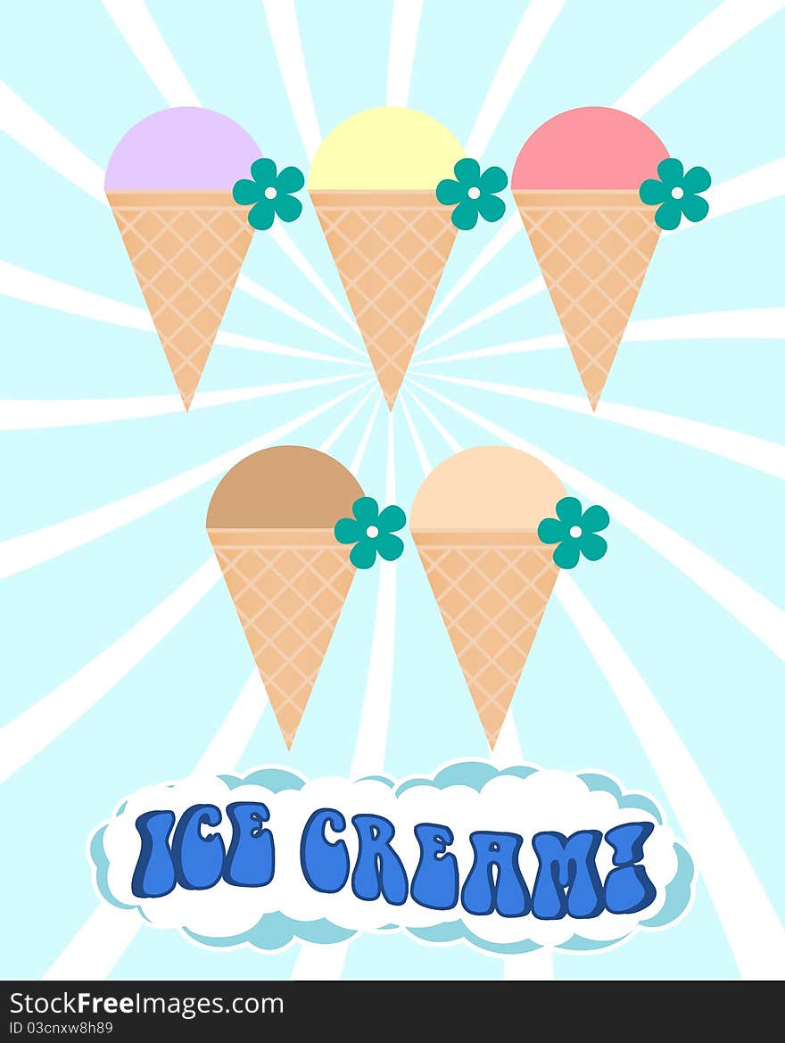 Vector ice cream in blue rays and white background