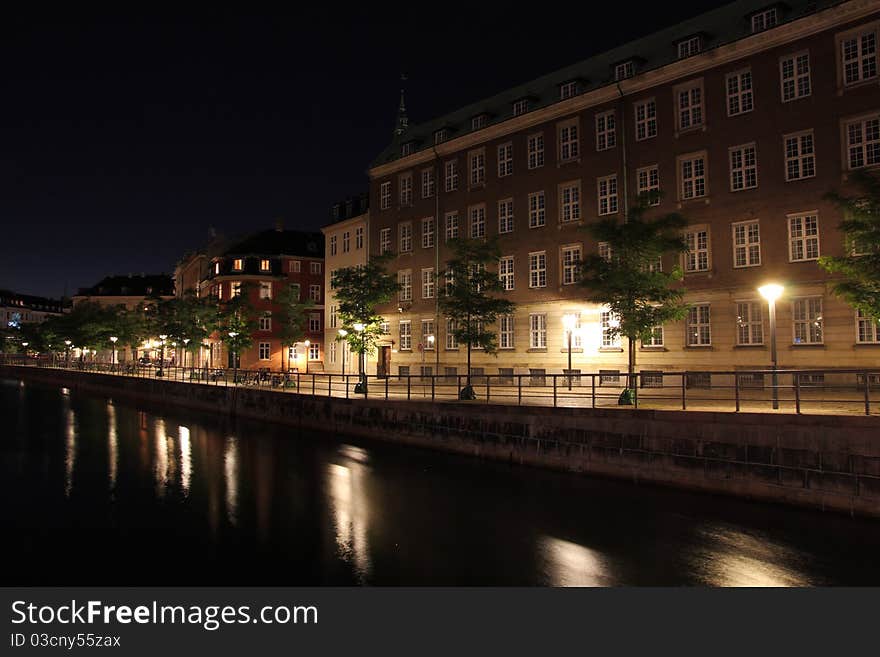 Beautiful city of Copenhagen at night, center