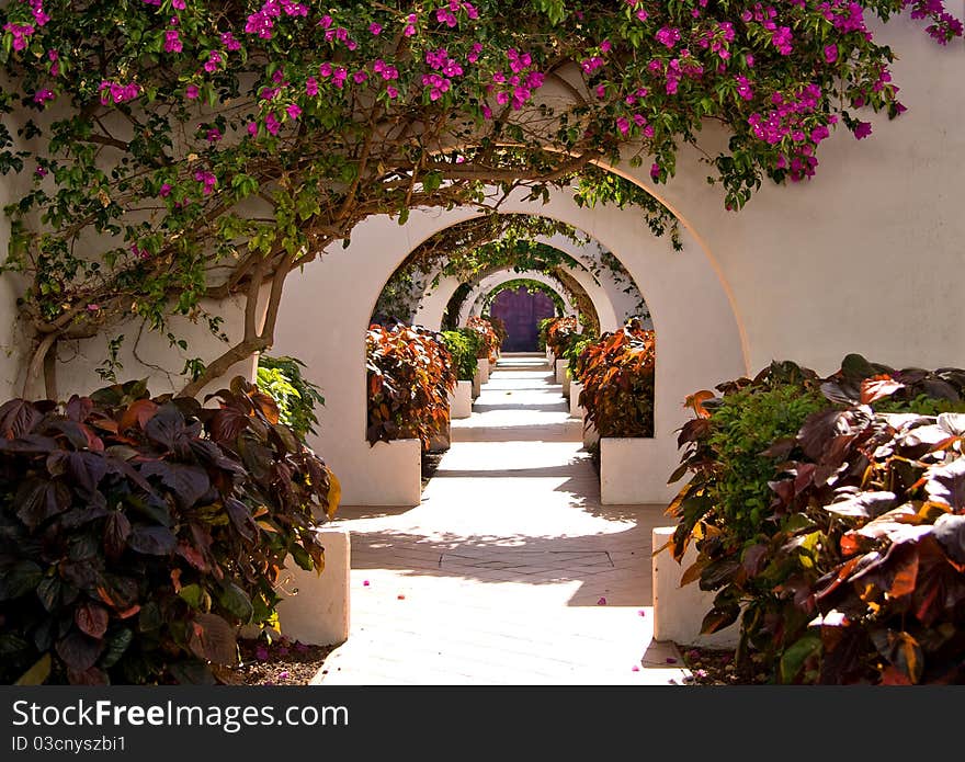 Walkway between apartment buildings on holiday complex. Walkway between apartment buildings on holiday complex