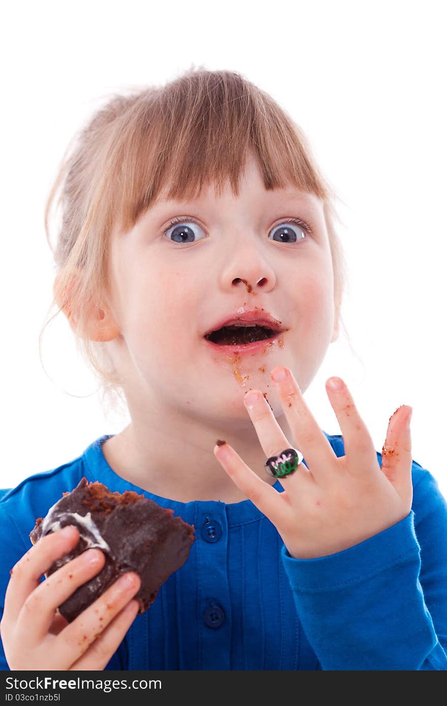 Surprised Hungry Girl Dirty With Chocolate Cake