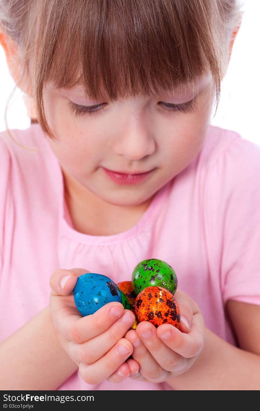 Cute girl with Easter colorful eggs at hands. Cute girl with Easter colorful eggs at hands