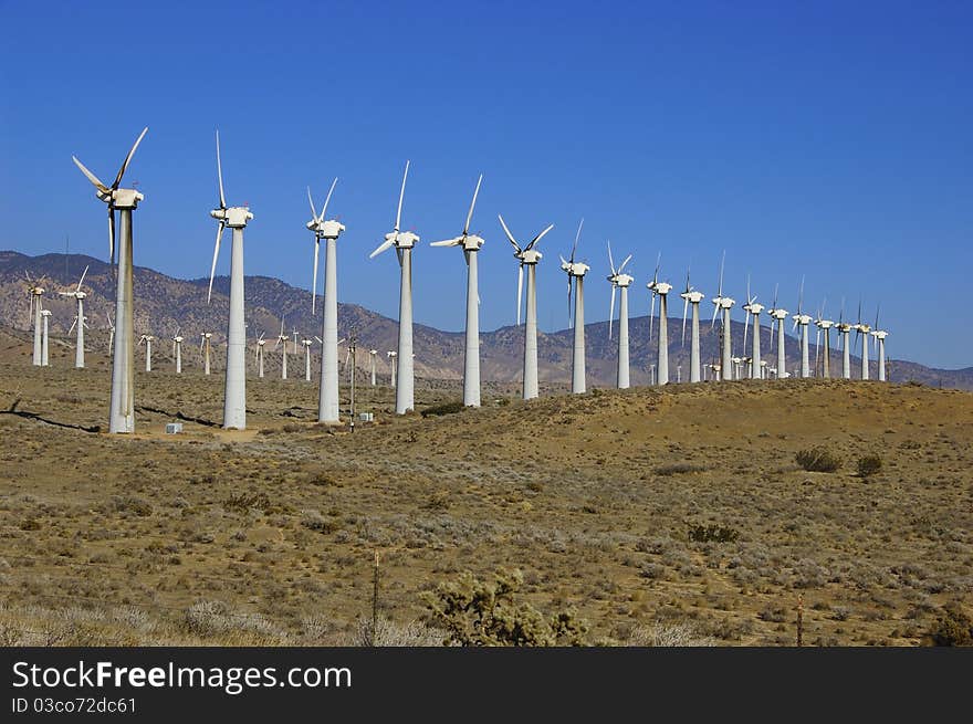 Rows of wind turbines in California desert. Rows of wind turbines in California desert