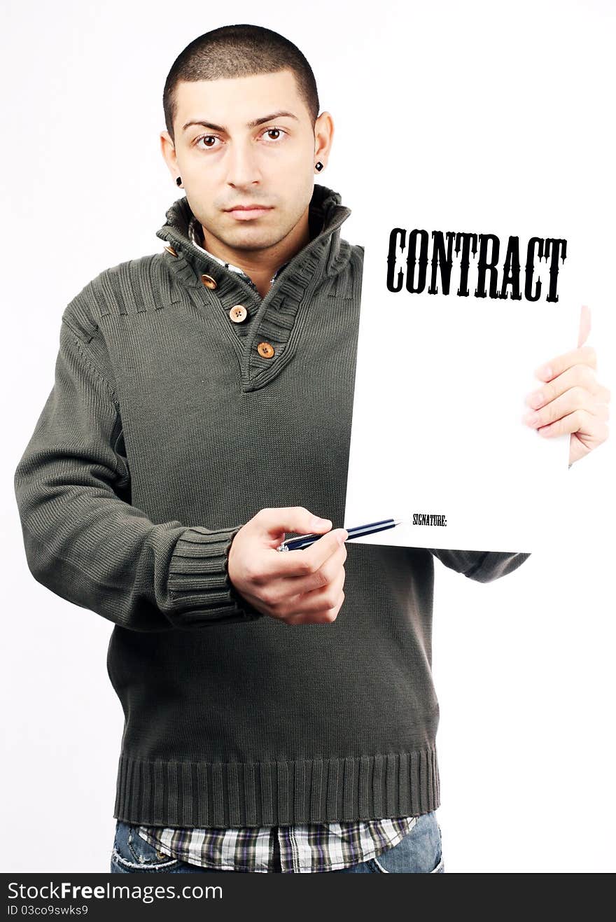 Young man show contract on paper