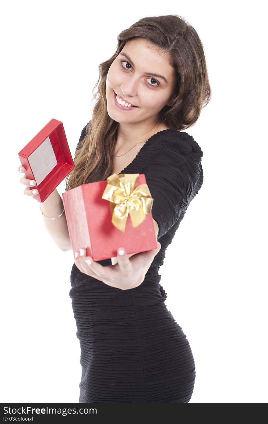 Woman holding a gift red box