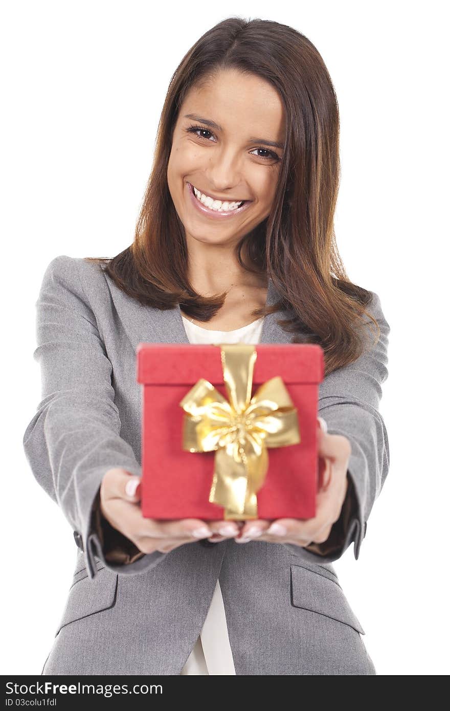 Smiling woman holding a red box gift