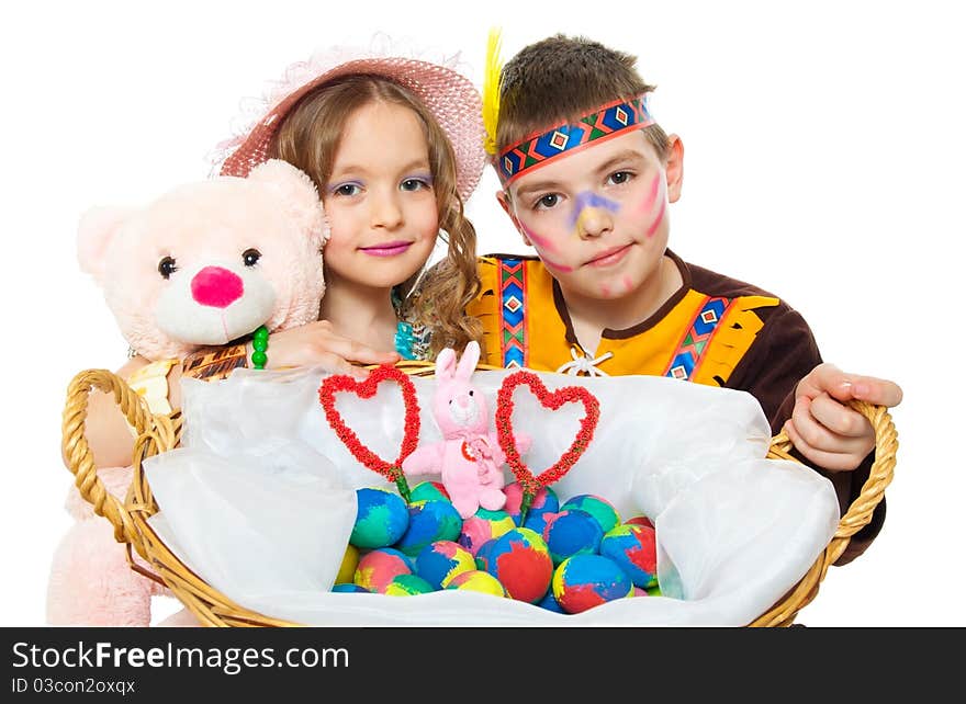 Children and Easter eggs isolated on white. Children and Easter eggs isolated on white