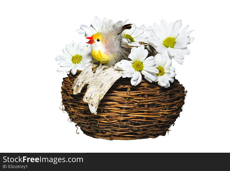 Chicken in a nest with flowers