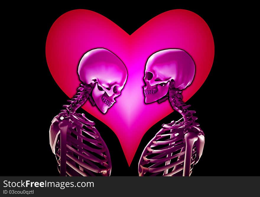 A pair of skeletons with a love heart behind them. A pair of skeletons with a love heart behind them.