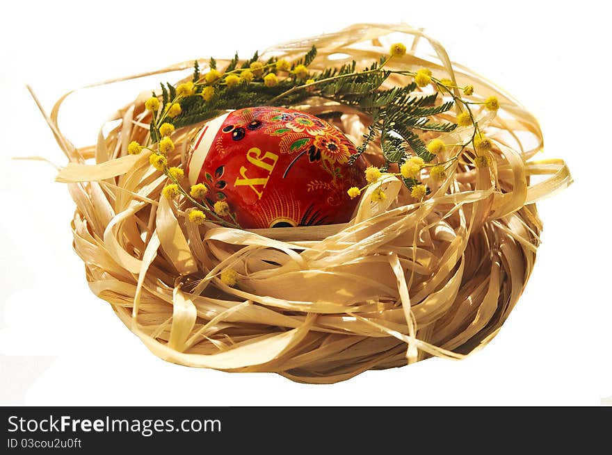 Easter eggs in a nest on the white isolated background