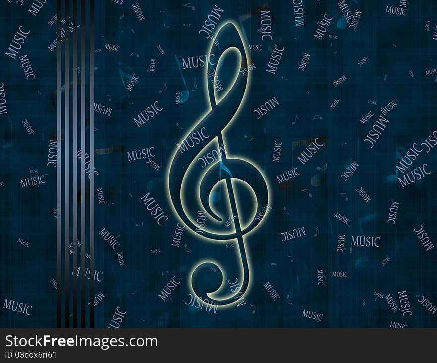 Glowing treble clef on an abstract blue background with notes