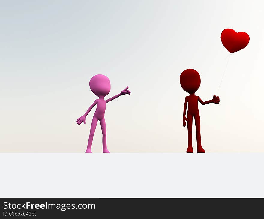 Concept image showing a female cartoon figure pointing at a heart shaped balloon. Concept image showing a female cartoon figure pointing at a heart shaped balloon.