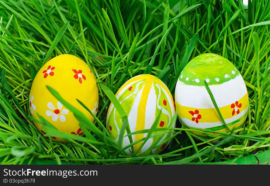 Easter Eggs Are Colored In Green Grass