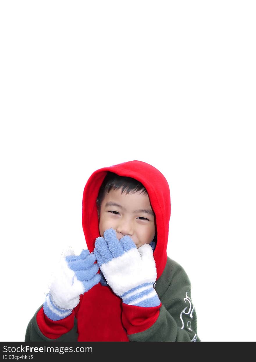 Chinese boy , Kid in winter clothes looking up happy smiling, with isolated on white background