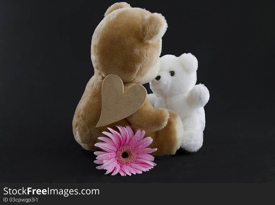 Tan stuffed bear, gold heart on her shoulder and pink flower by her side, kisses smaller stuffed bear. Tan stuffed bear, gold heart on her shoulder and pink flower by her side, kisses smaller stuffed bear