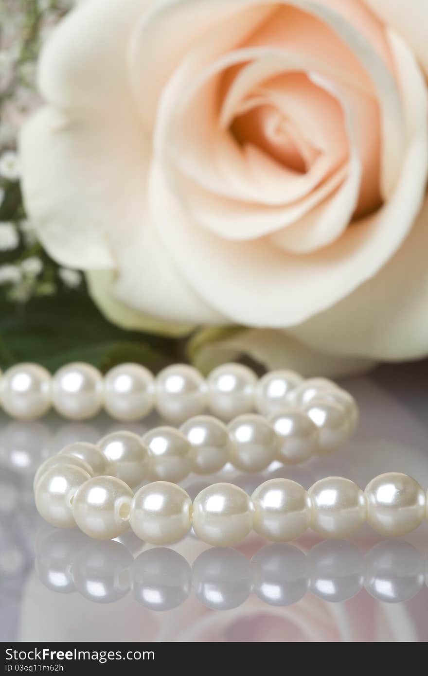 Pearl necklace with beautiful cream rose