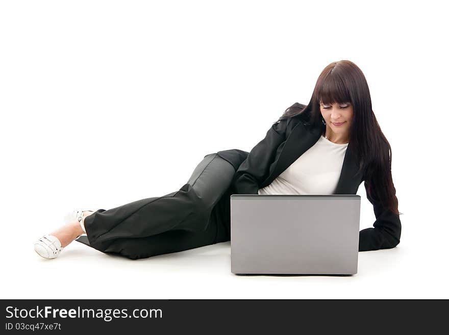 Woman and laptop, on white background.