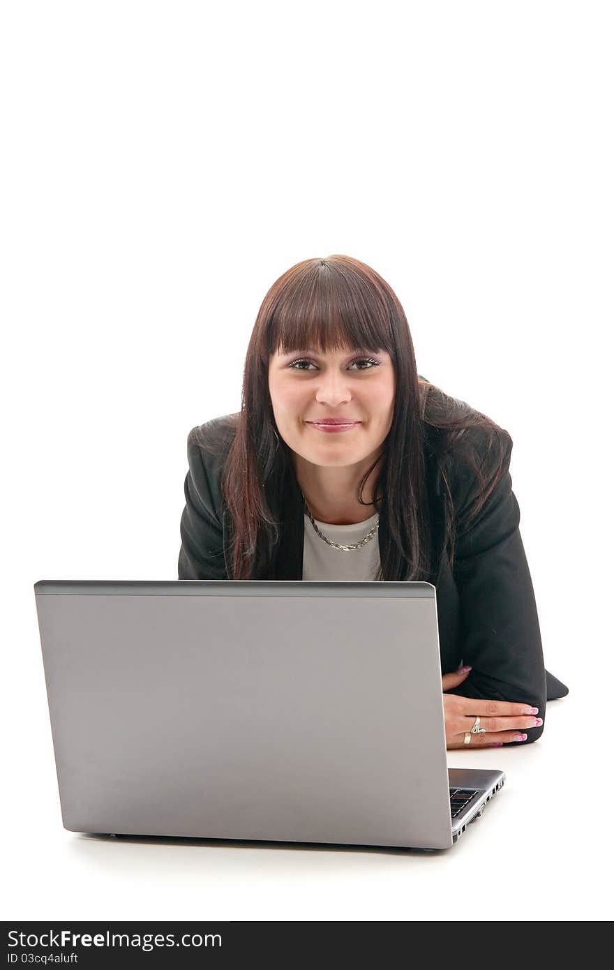 Woman and laptop, on white background.