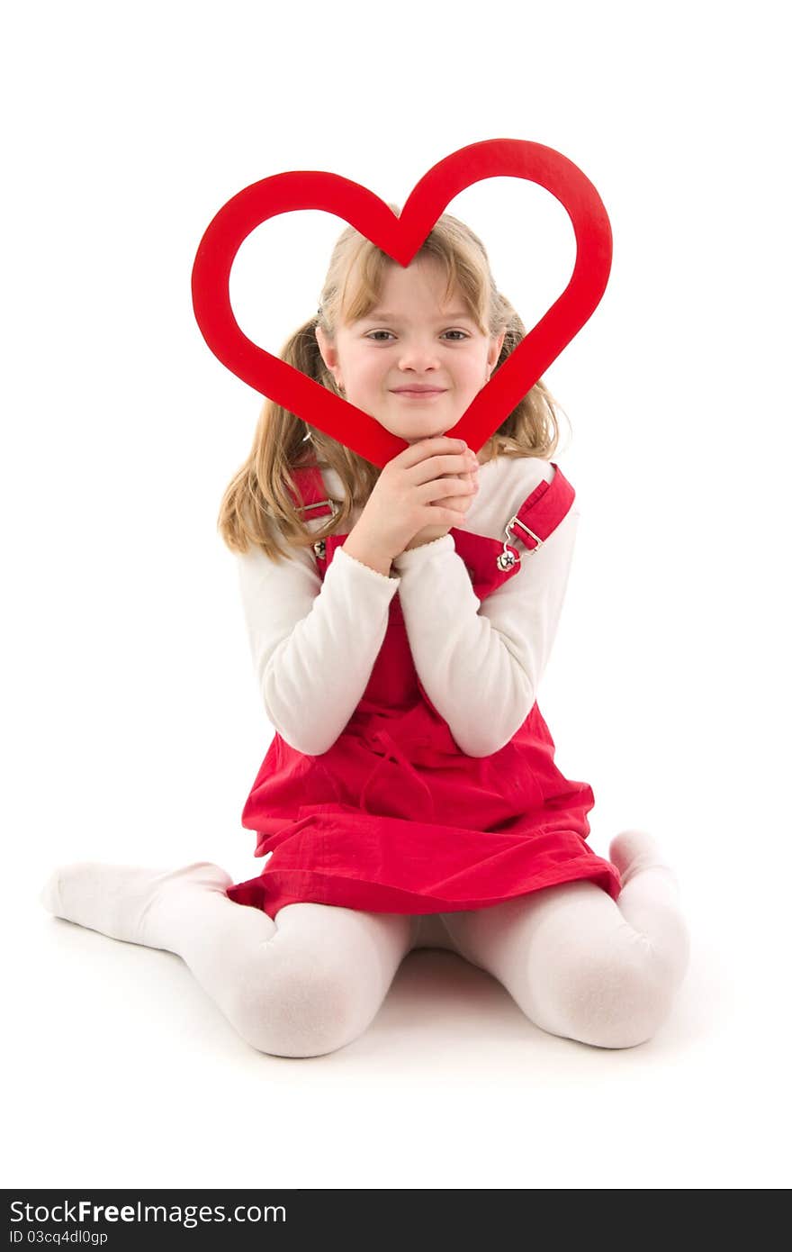 Little girl with red heart,on white background. Little girl with red heart,on white background.