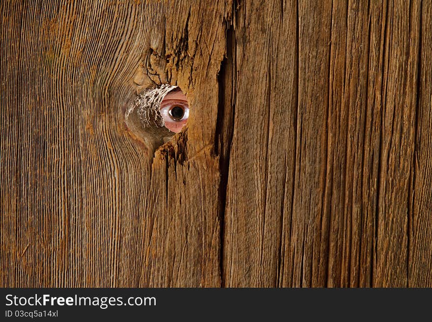 Eyeball peering through a knot hole. Eyeball peering through a knot hole