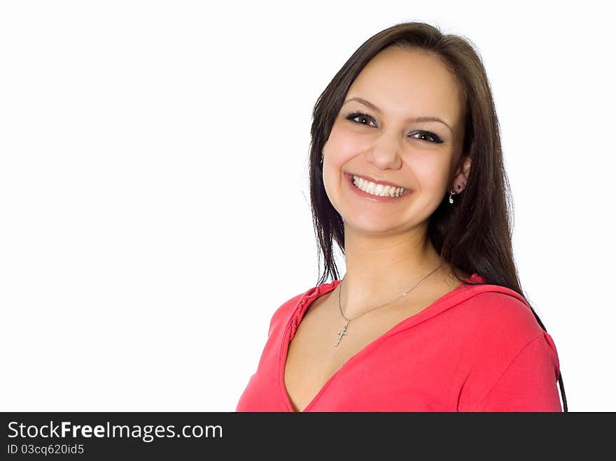 Beautiful girl in the red on a white background