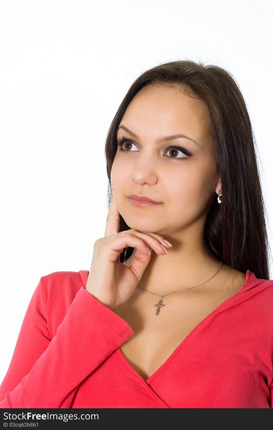 Beautiful girl in the red on a white background