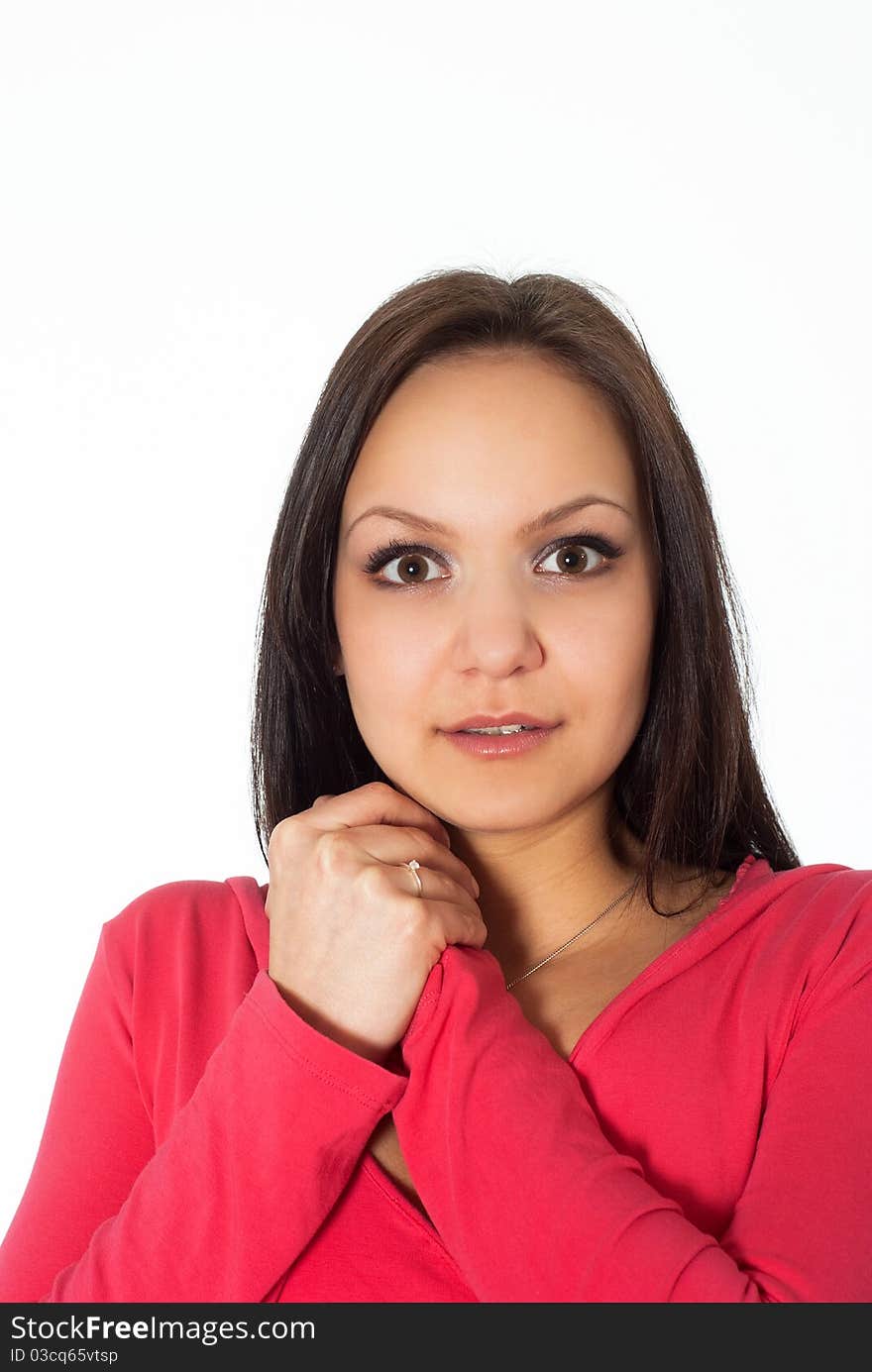 Beautiful girl in the red on a white background