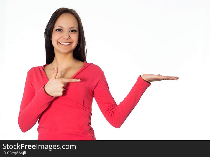 Beautiful girl in the red on a white background