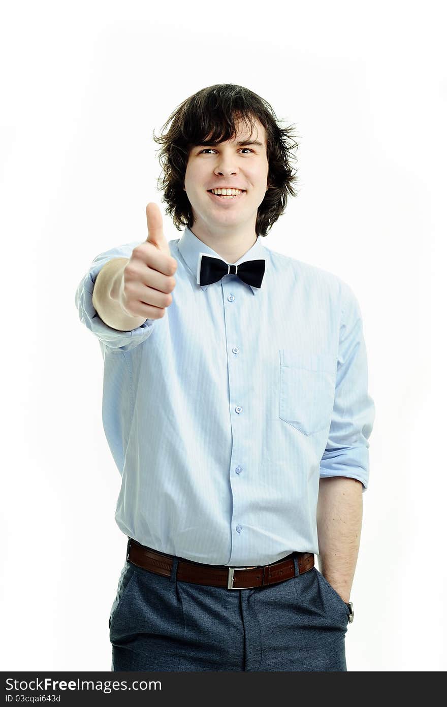 An image of a young handsome man showing his thumb