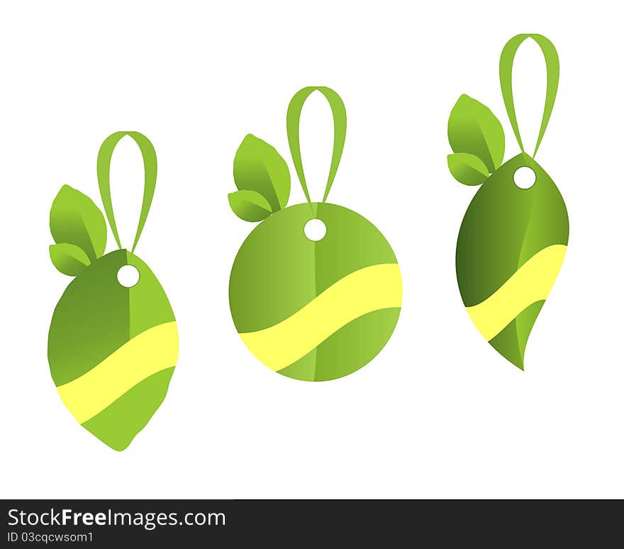 Green tags with leaves shapes and yellow strip for text, vector format. Green tags with leaves shapes and yellow strip for text, vector format