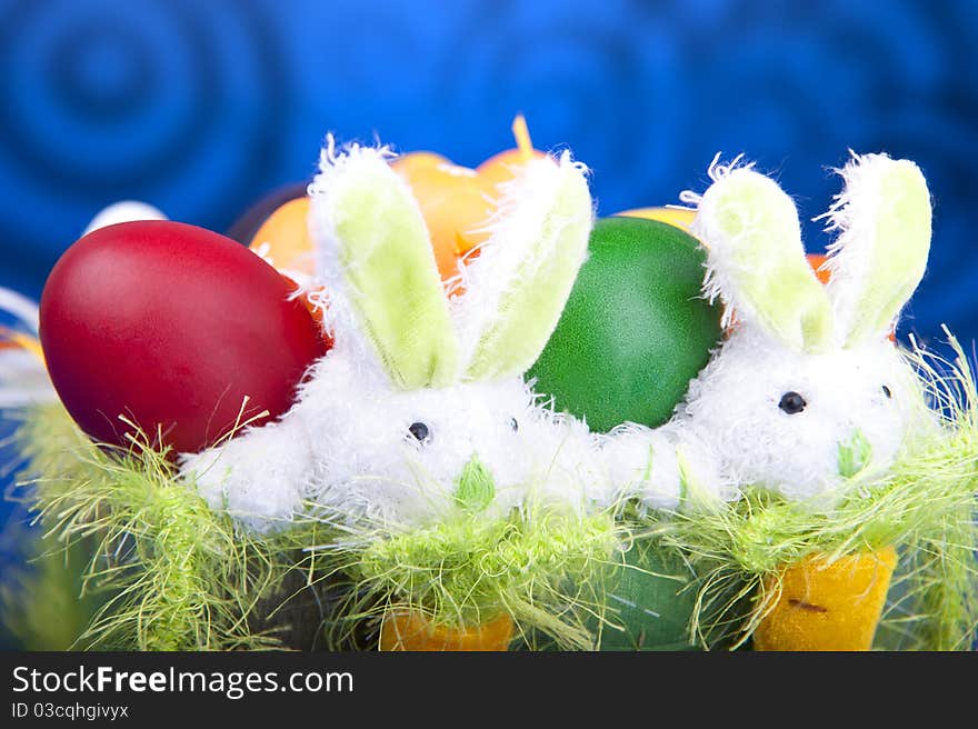 Easter eggs in a basket with Bunnies