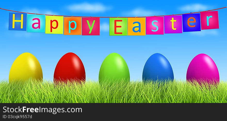 Colorful Easter Eggs In Green Grass Outdoors