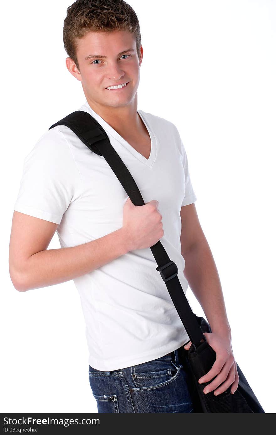 Young man poses with laptop bag over his shoulder. Young man poses with laptop bag over his shoulder.