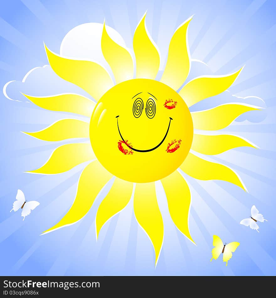 Smiling sun with lip print and butterflies. Smiling sun with lip print and butterflies.