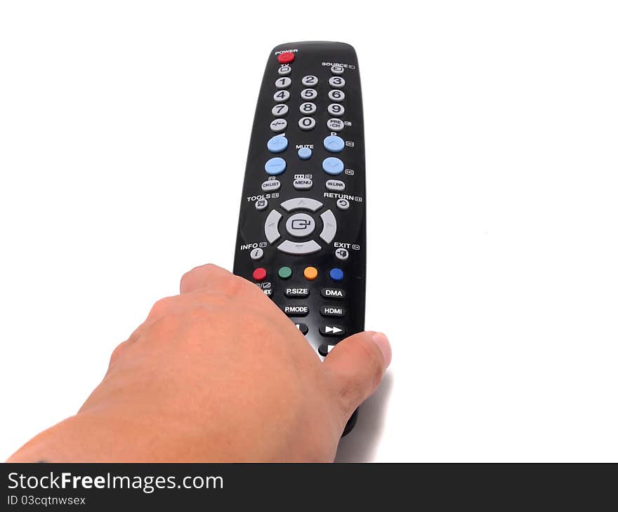 Hand holding a Black Remote control with isolated on white . you can use this remote to control whatever you want , Vertical. Hand holding a Black Remote control with isolated on white . you can use this remote to control whatever you want , Vertical