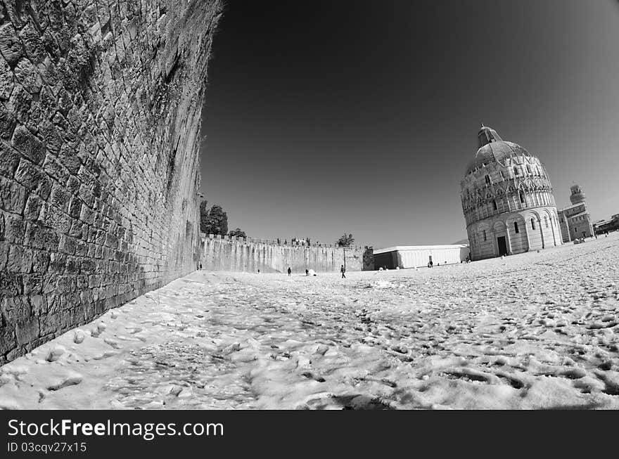 Piazza dei Miracoli in Pisa after a Snowstorm, Italy