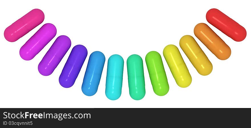 Many-colored pills on white background