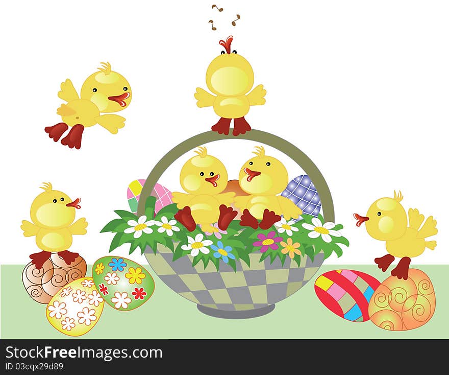 Easter basket with  ducklings ,flowers and eggs