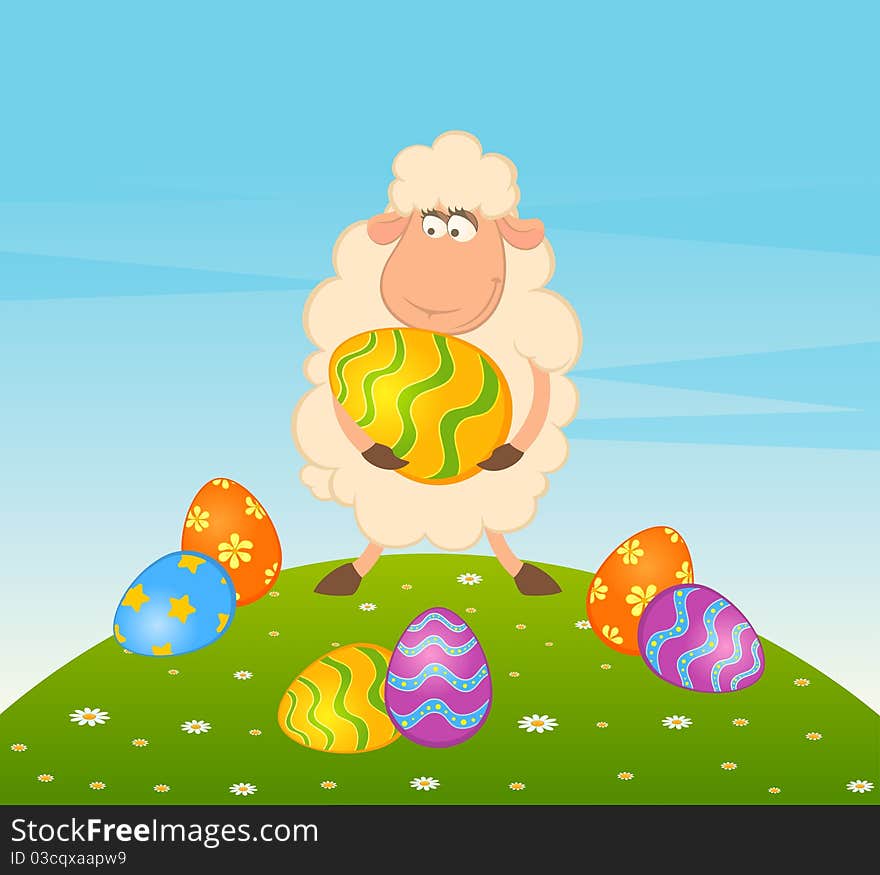 Easter sheep with colored egg. Easter card