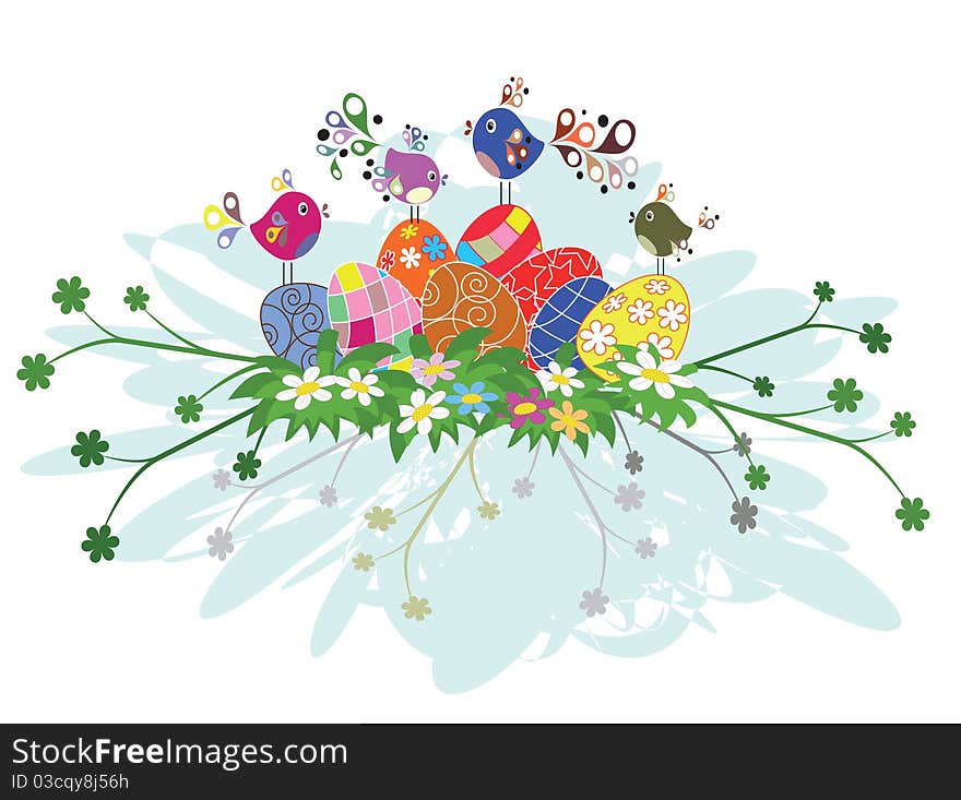 Easter background with eggs,flowers ,birds