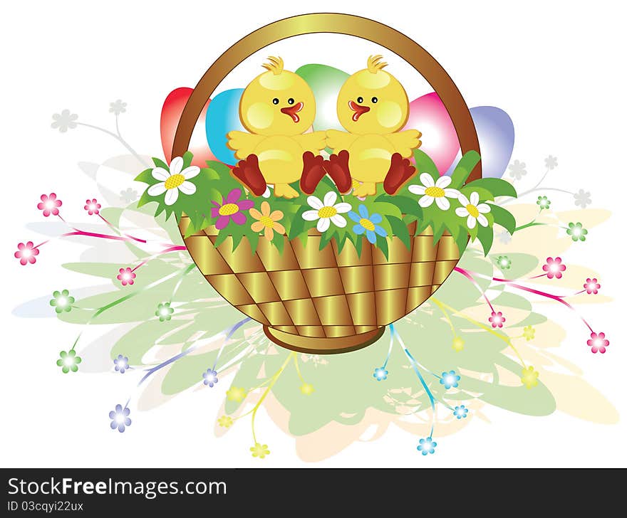 Easter basket with ducklings ,flowers and eggs